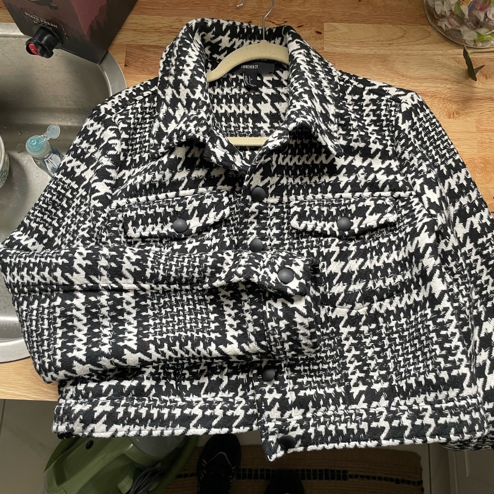 Short boxy tweed button jacket, longer sleeves